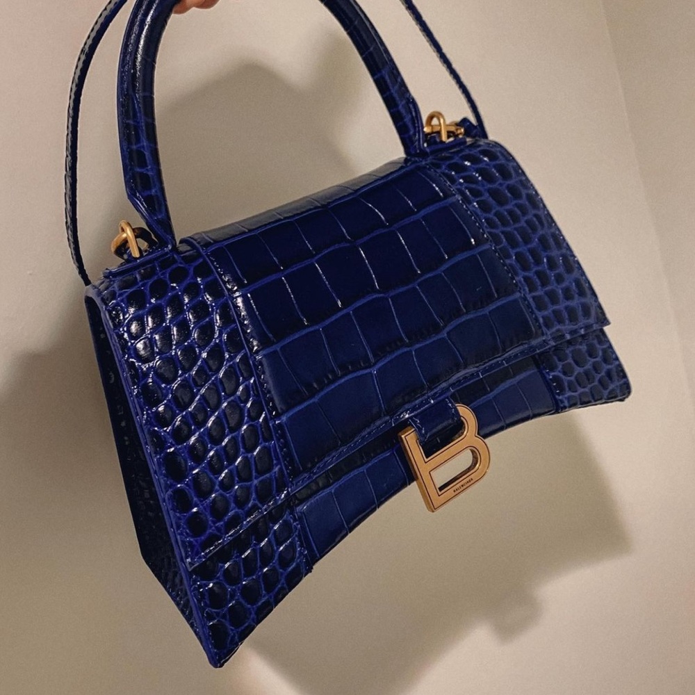 *SOLD* Balenciaga Small Blue Hourglass Croc-embossed Leather Top Handle Bag